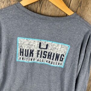 Huk Fishing Long Sleeve T-Shirt Graphic Print Pocket Tee Blue Mens Size XL